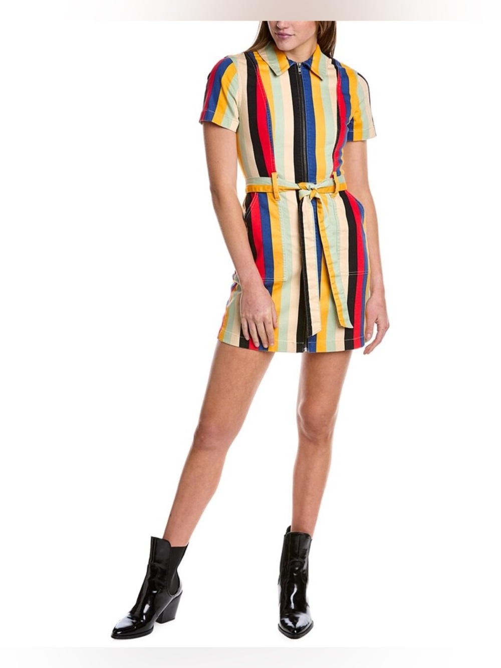ALICE + OLIVIA Gorgeous Belted Striped Denim Mini Dress In Multicolor
